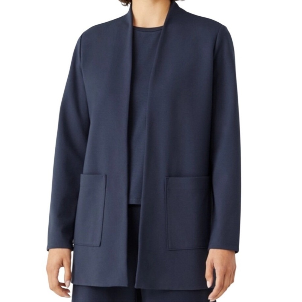Eileen Fisher Jacket Womens XL Navy Organic Cotton Tencel Open Front Ponte